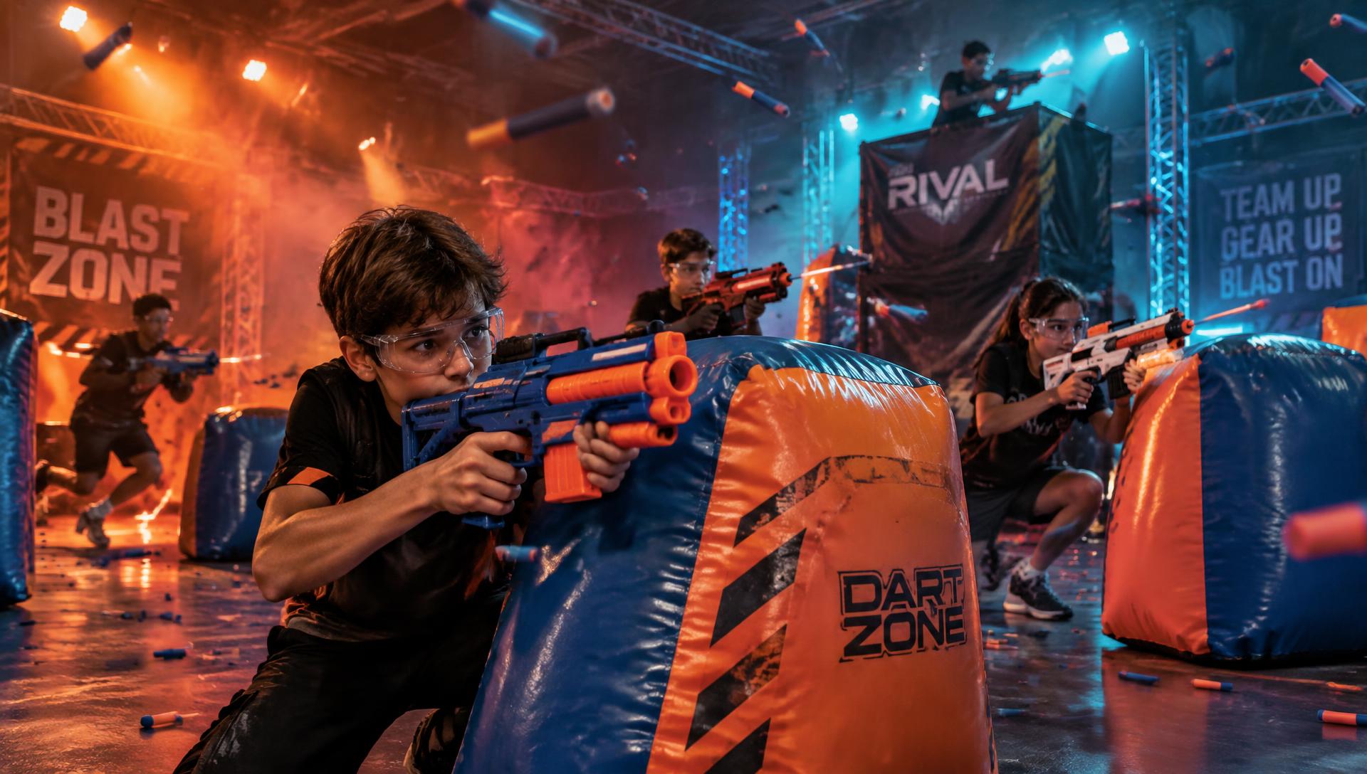 Players in eye protection taking cover behind inflatable barricades during a foam dart battle